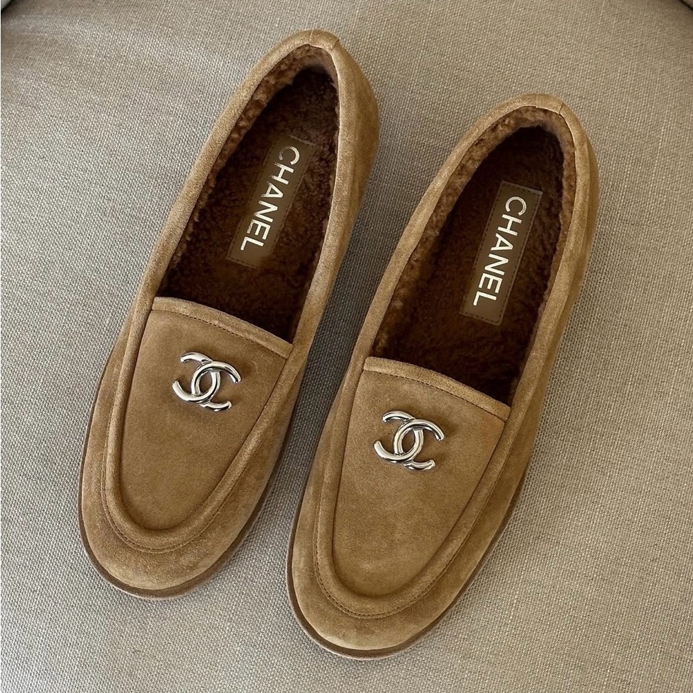 CHANEL Brown Suede Loafers with Silver Logo